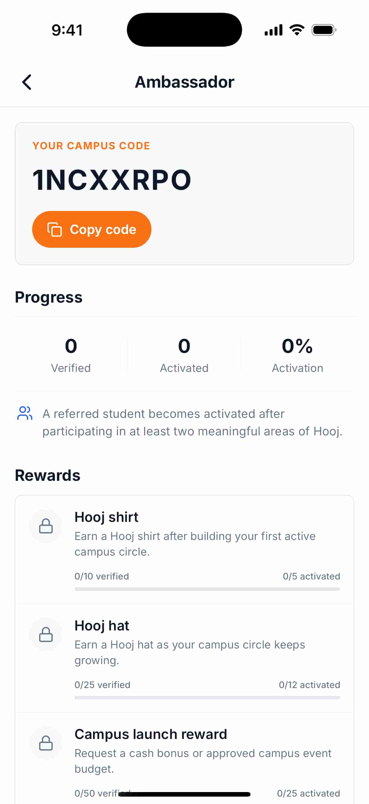 Hooj ambassador dashboard showing referral progress and rewards