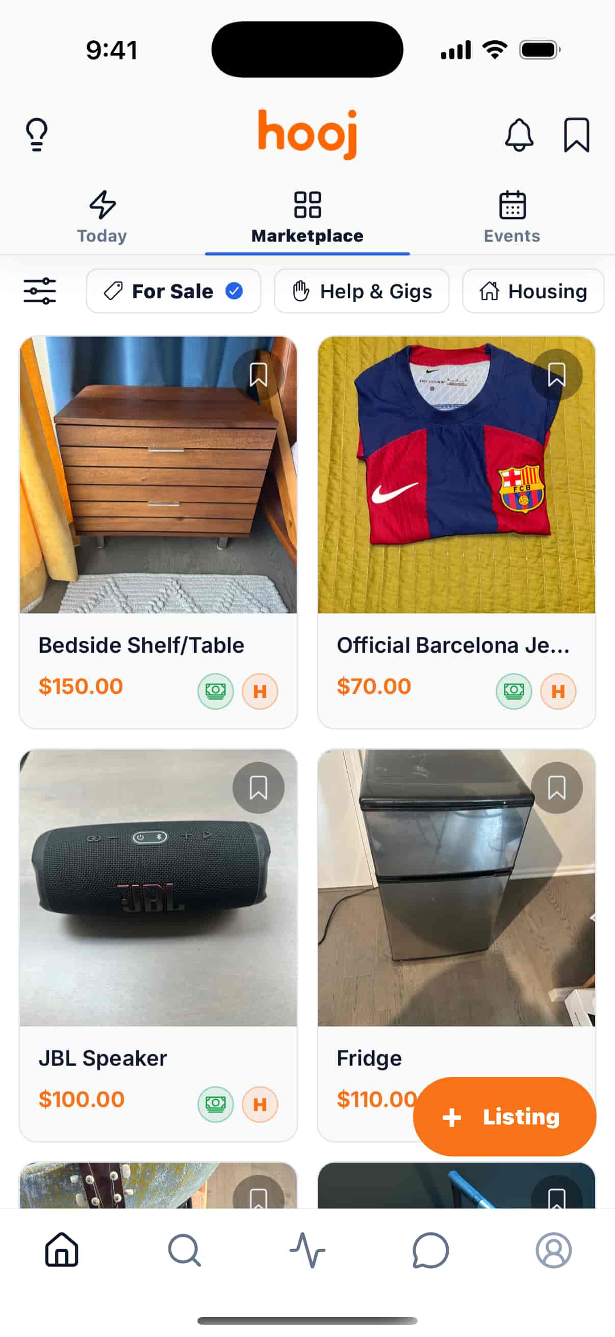 Hooj Marketplace feed with nearby listings