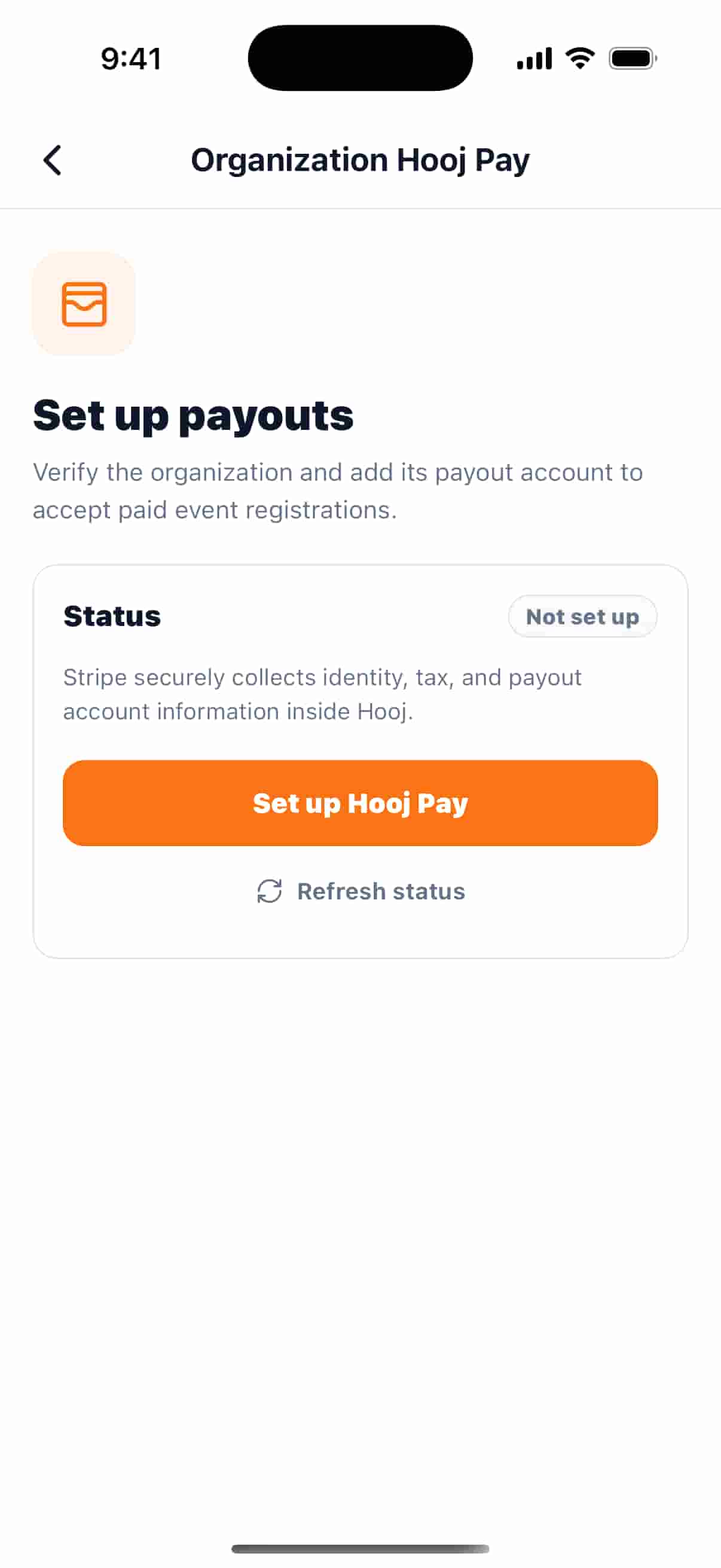 Organization Hooj Pay setup screen