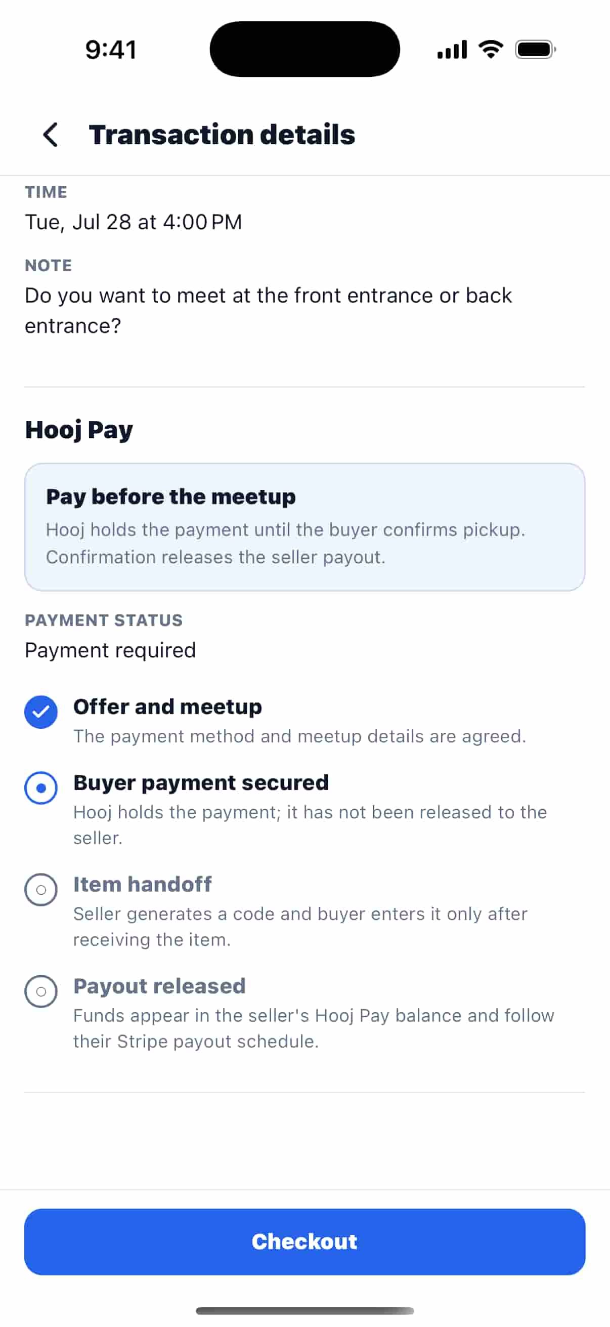 Marketplace transaction detail showing the secured payment and item handoff stages