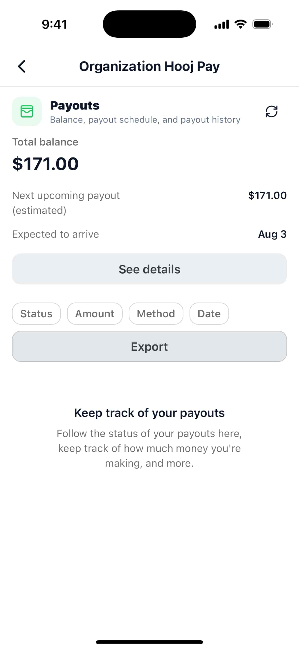Hooj Pay balance and payout details