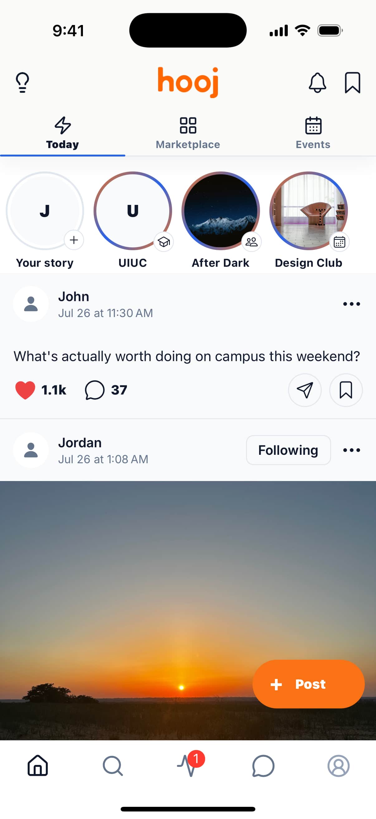 Hooj Today feed with stories and social posts