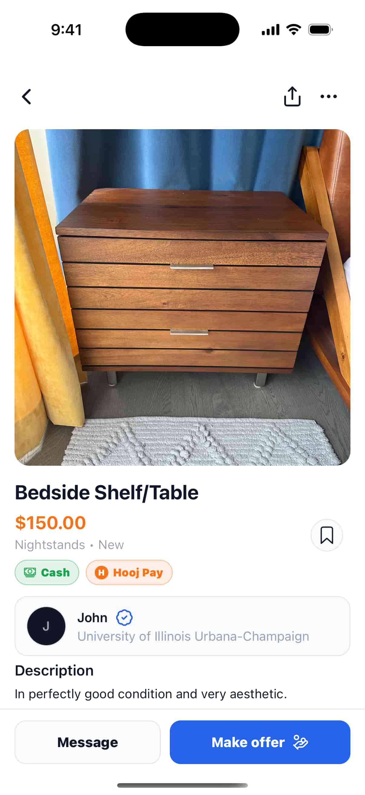Bedside table listing detail with cash and Hooj Pay available