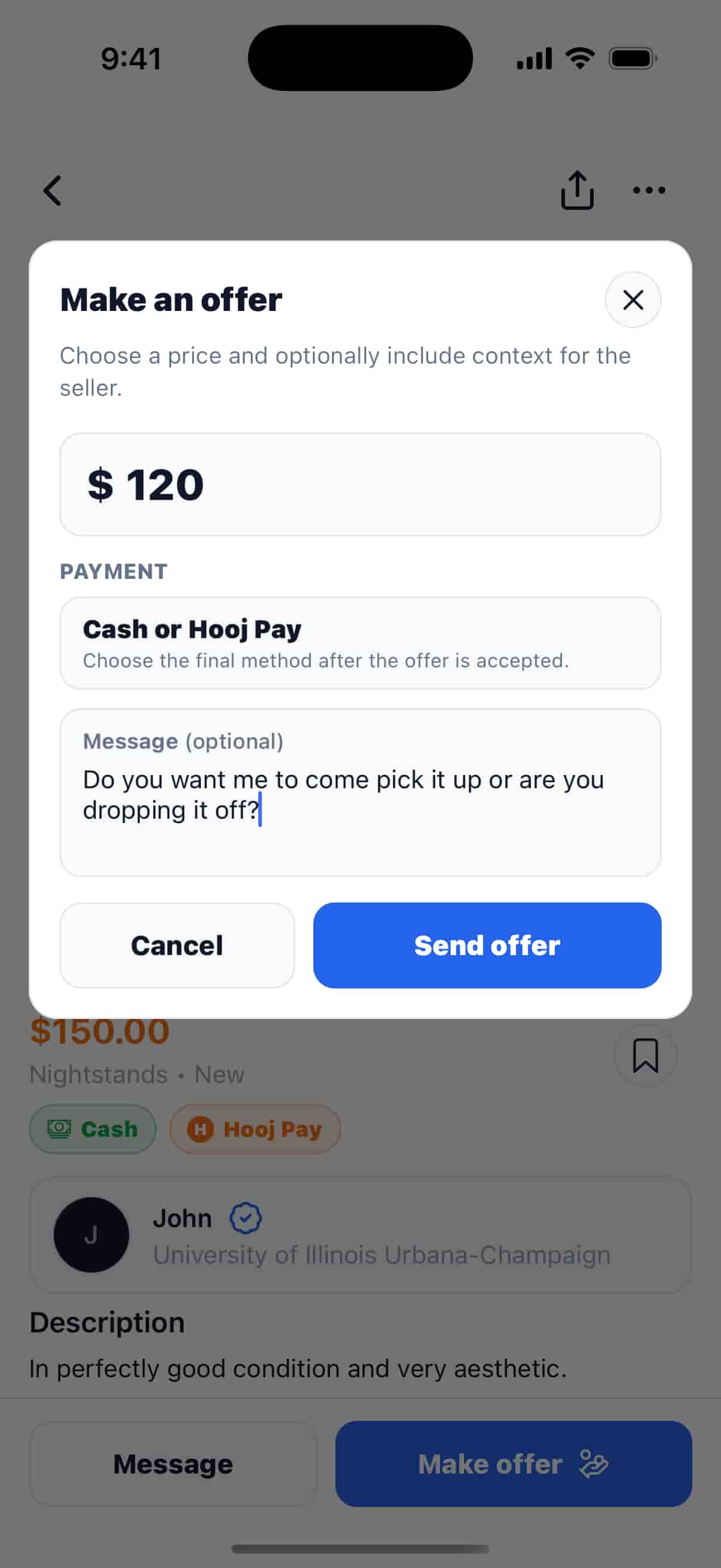 Making a 120 dollar offer with a message and cash or Hooj Pay available