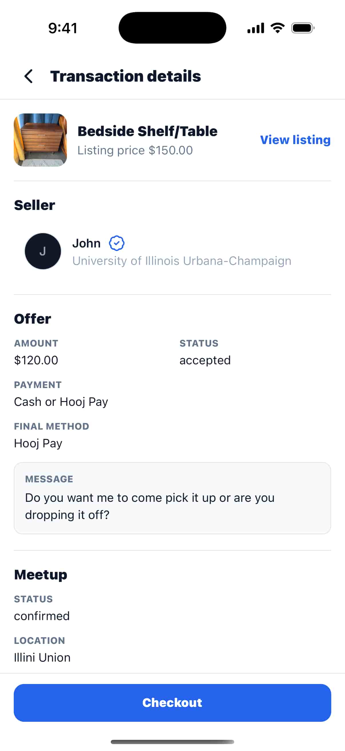Full transaction detail showing the accepted offer, Hooj Pay, confirmed meetup, and checkout