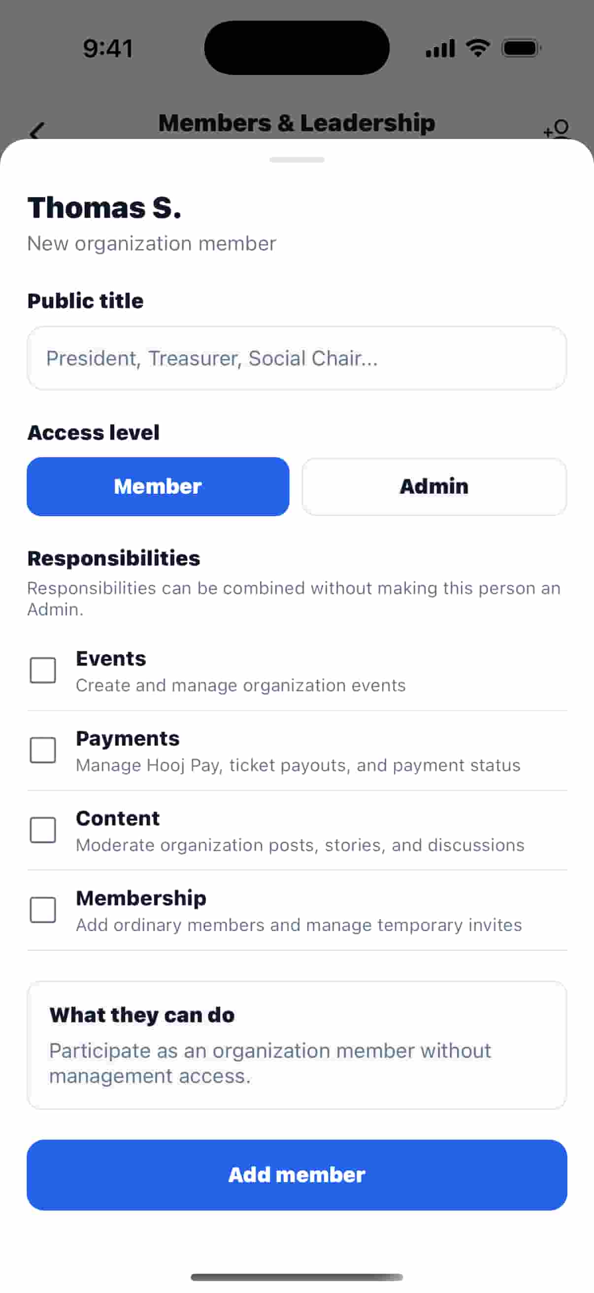 Assigning an organization member a title, access level, and responsibilities