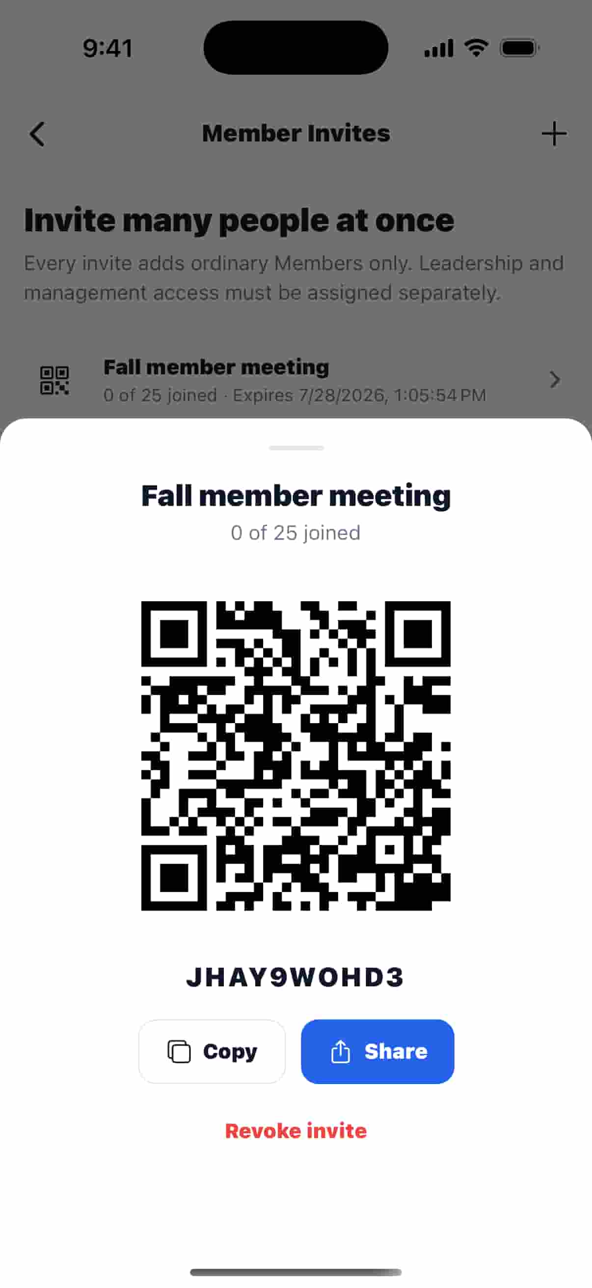 Temporary organization invitation with a QR code