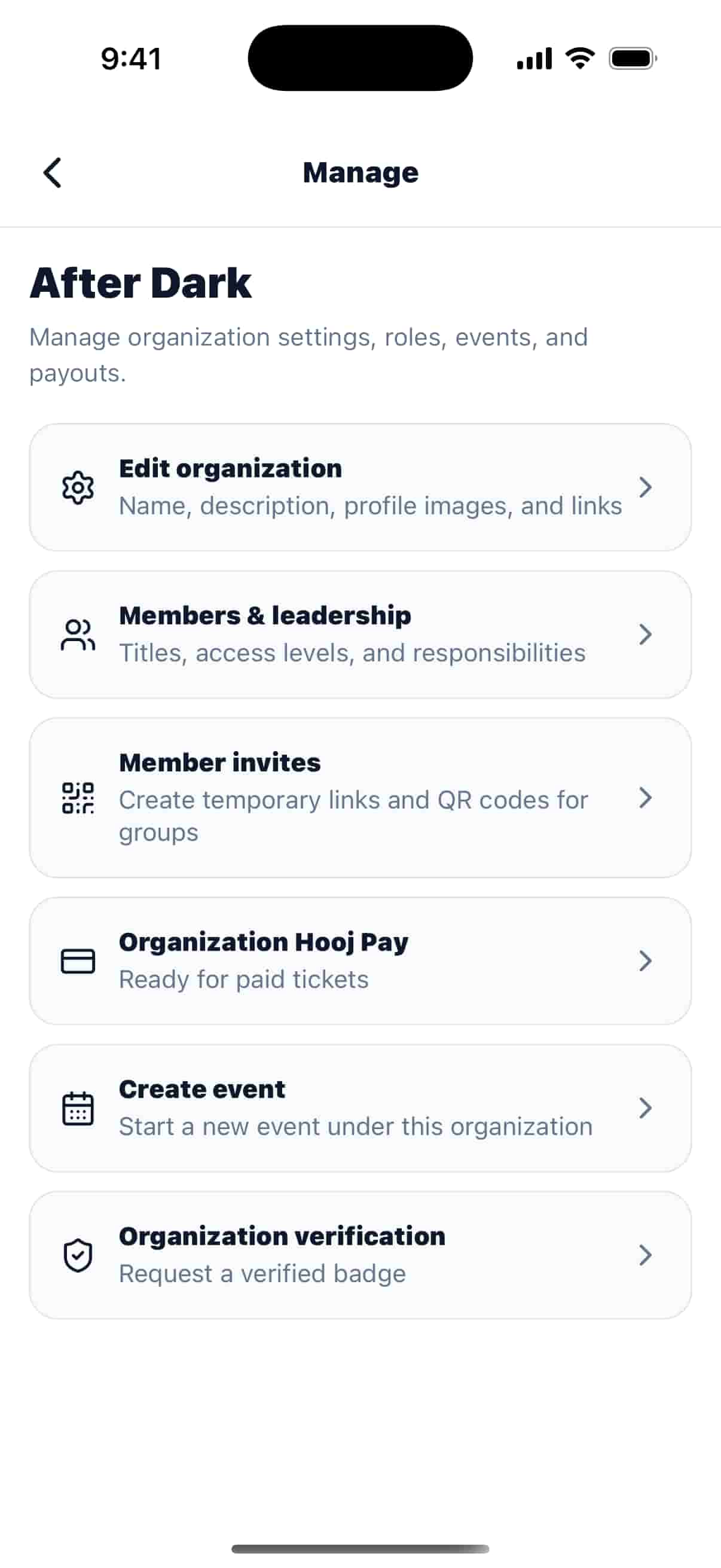 After Dark organization management options