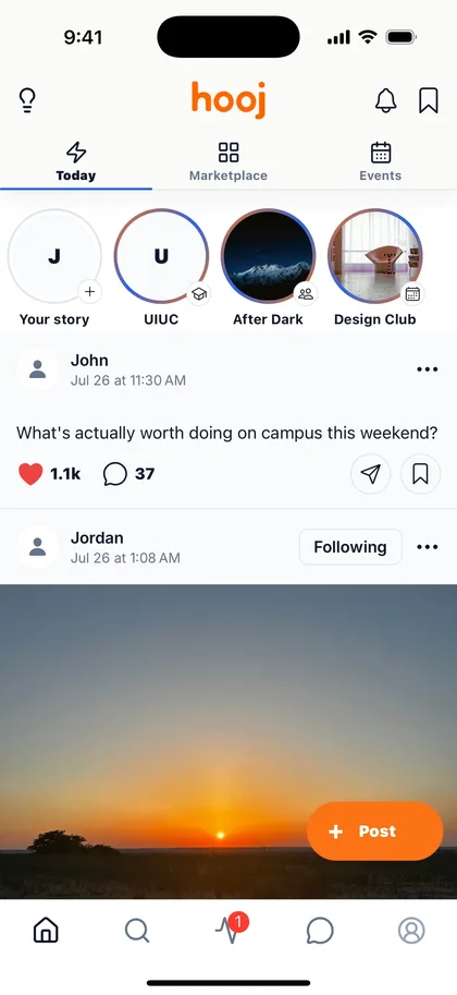 Hooj Today feed with campus stories and posts