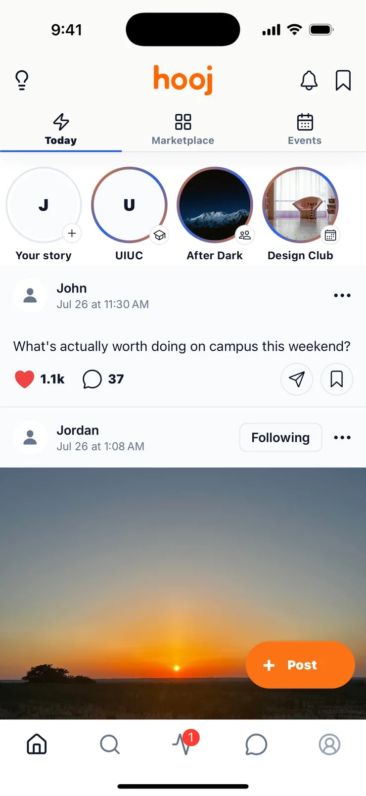 Hooj Today feed with stories and campus posts