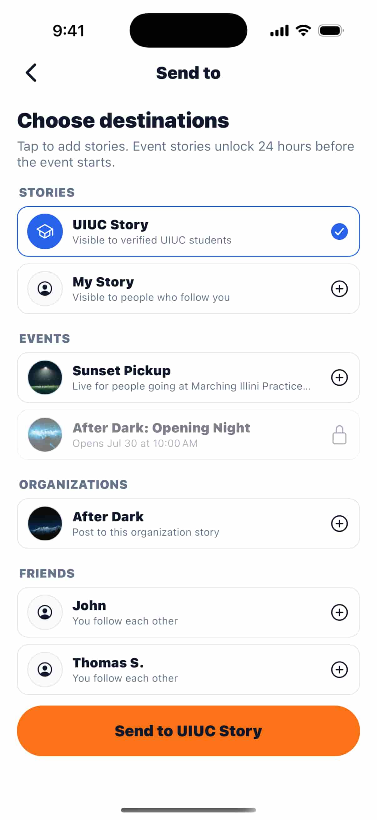 Choosing people, campus, event, and organization destinations for a Hooj story